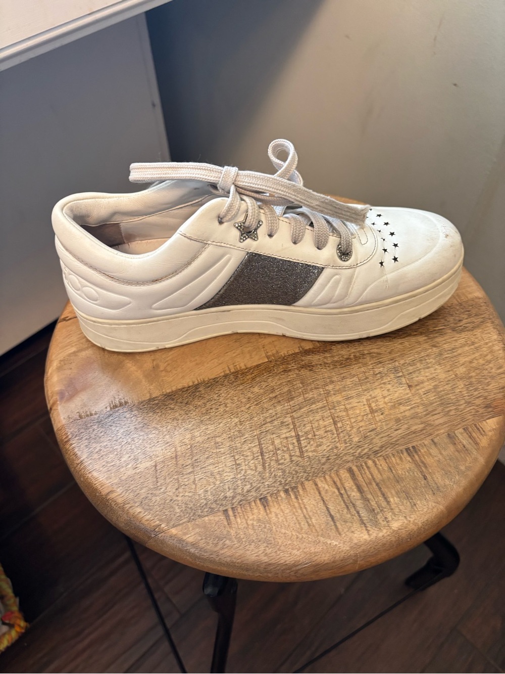 Jimmy Choo Hawaii sneakers white leather  silver glitter star Designer 40 $600 - Picture 3 of 11